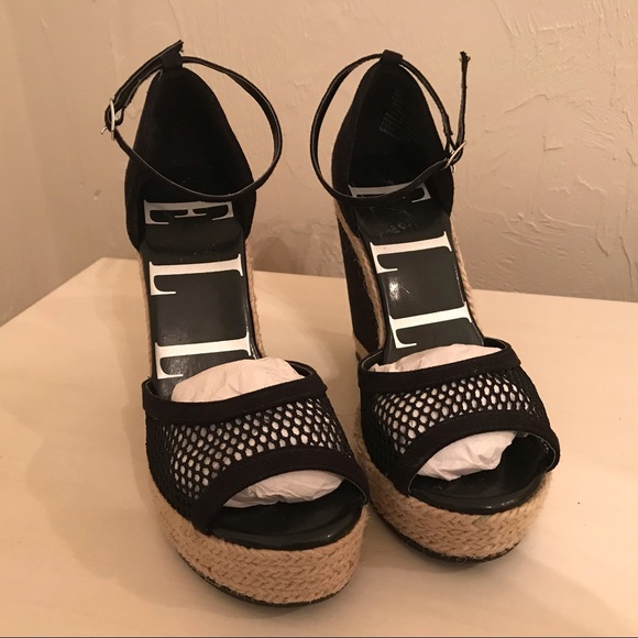 Host Pick!🎉🎉ELLE Black Velvet & Tan Mesh Espadrille Platform Wedge Shoe Size 6 - Picture 5 of 5